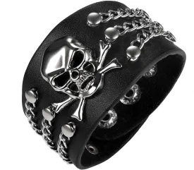 Punk Skull Leather Cuff Bracelet for Men Women, Goth Black Biker Wide Strap Adjustable Bangle Wristband for Halloween Costume Party