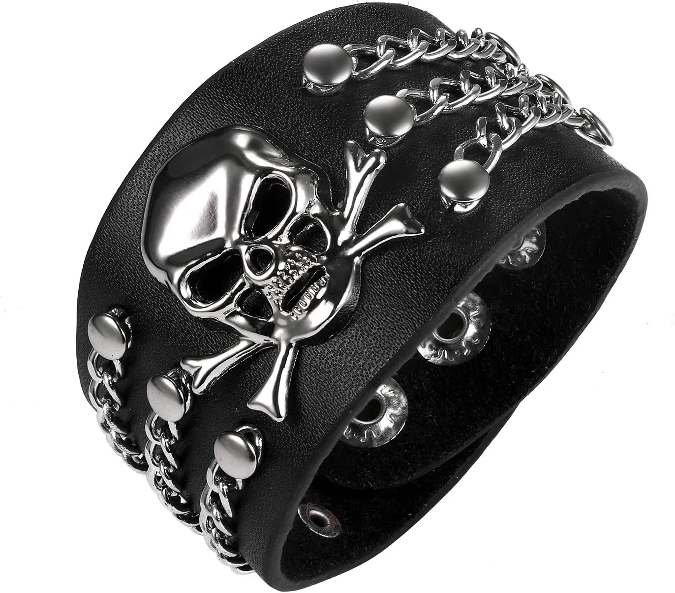 Punk Skull Leather Cuff Bracelet for Men Women, Goth Black Biker Wide Strap Adjustable Bangle Wristband for Halloween Costume Party