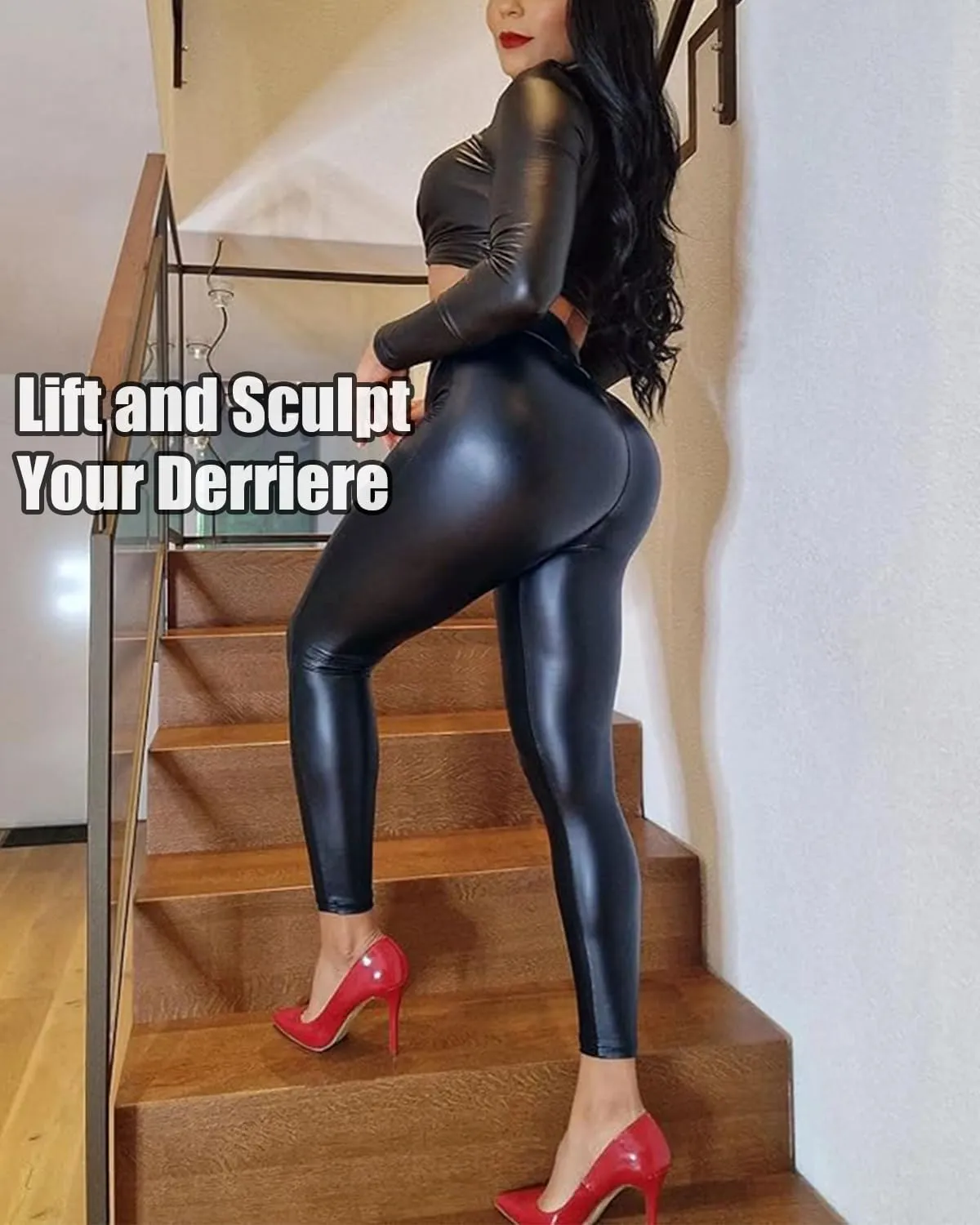 raita High Waist Faux Leather Leggings for Women Black PU Butt Lift Sexy Stretchy Sporty Leather Pants Causal