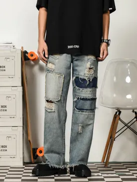 Retro Ripped Patched Jeans