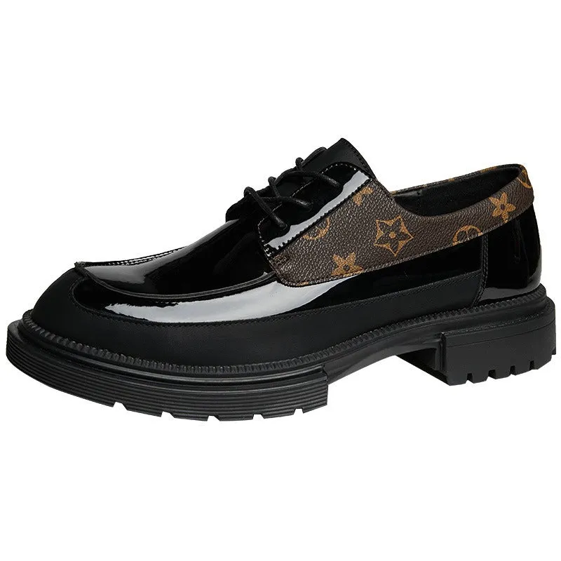 Round-toe shoes for men, business and casual, trendy, high-gloss leather shoes, genuine leather, breathable, thick-soled, British-style wedding shoes for men