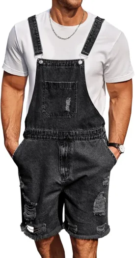 Runcati Mens Denim Shorts Bib Overall Loose Fit Ripped Jeans Adjustable Straps Summer Workwear Jumpsuit