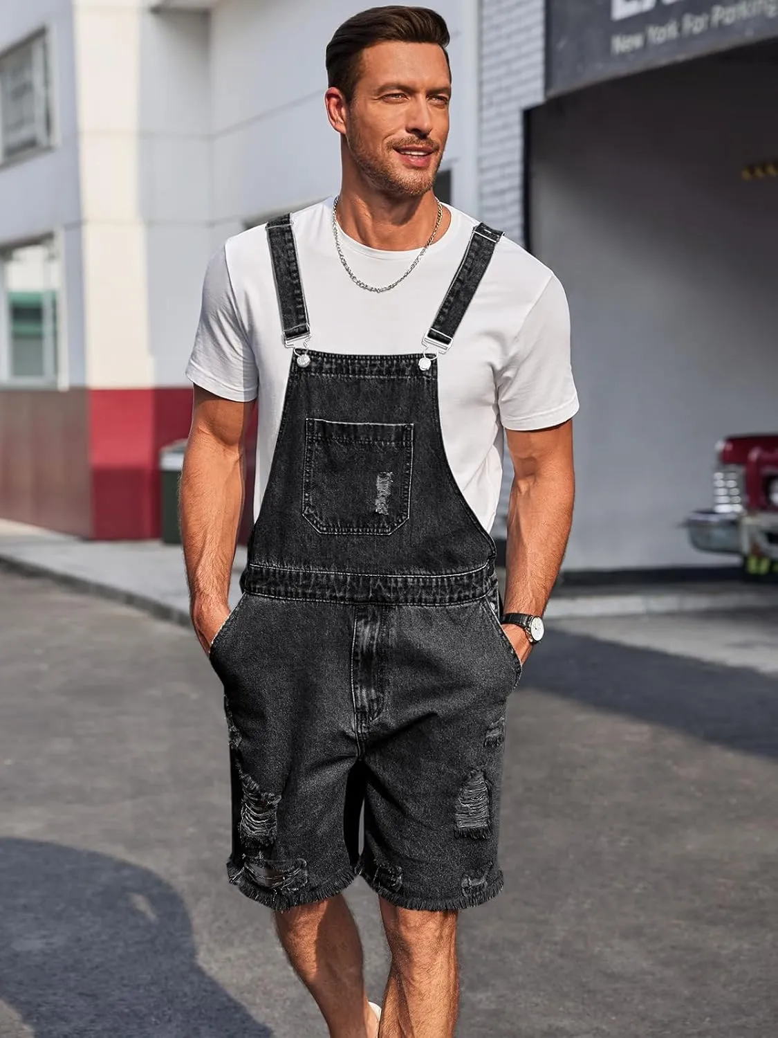 Runcati Mens Denim Shorts Bib Overall Loose Fit Ripped Jeans Adjustable Straps Summer Workwear Jumpsuit