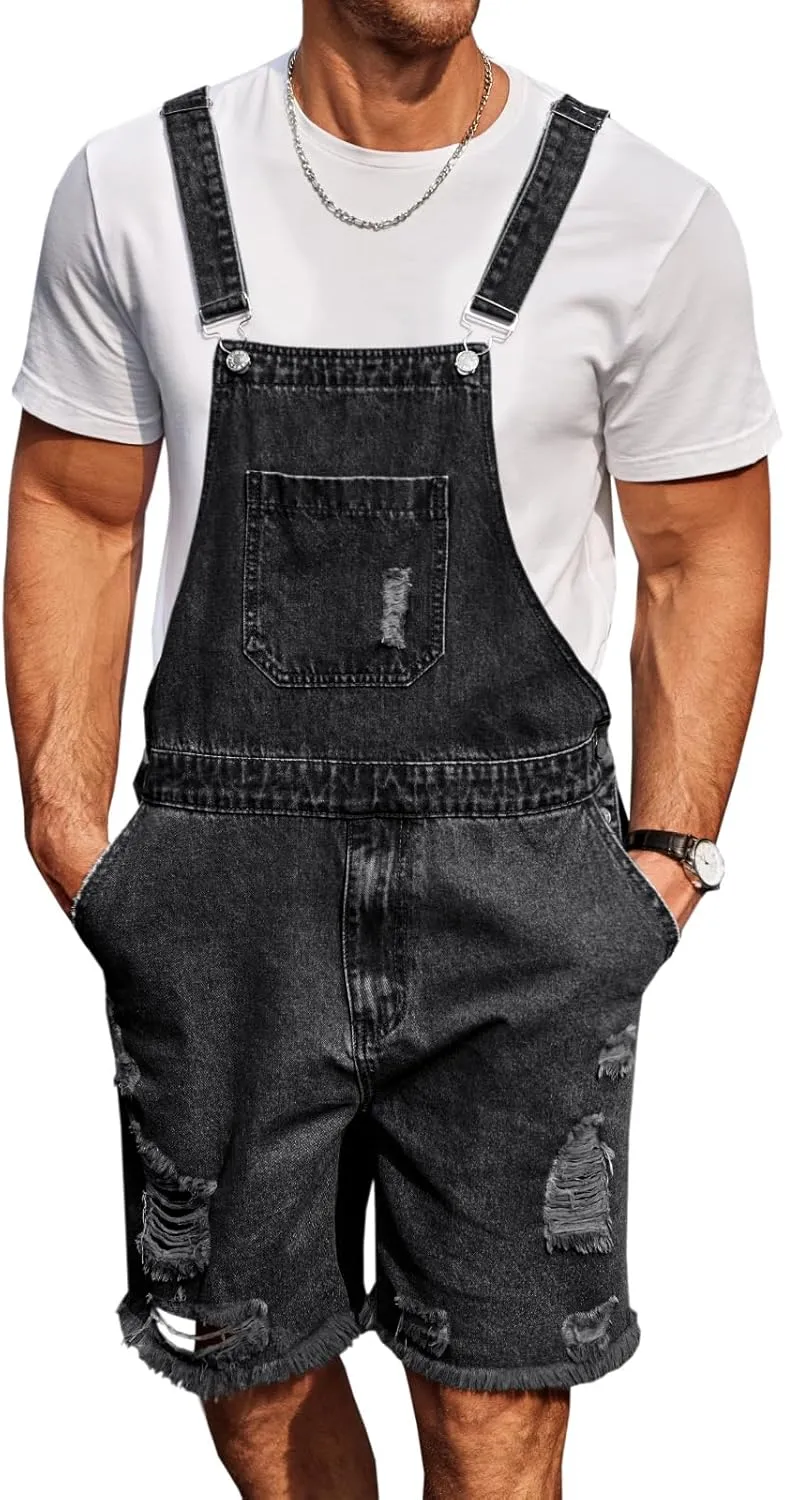 Runcati Mens Denim Shorts Bib Overall Loose Fit Ripped Jeans Adjustable Straps Summer Workwear Jumpsuit