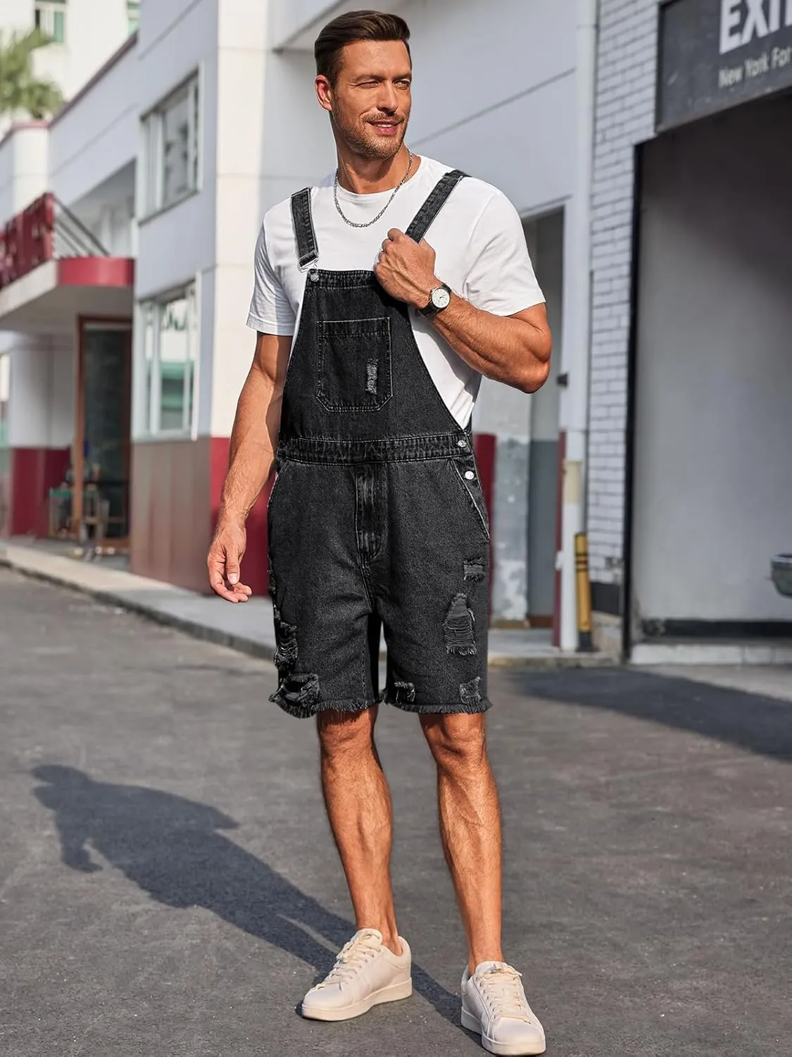 Runcati Mens Denim Shorts Bib Overall Loose Fit Ripped Jeans Adjustable Straps Summer Workwear Jumpsuit
