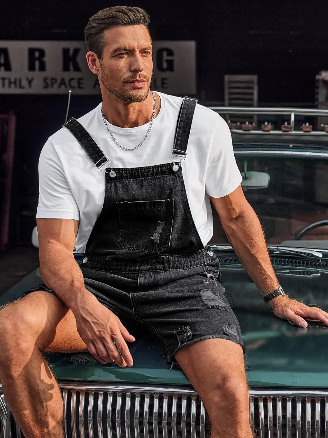 Runcati Mens Denim Shorts Bib Overall Loose Fit Ripped Jeans Adjustable Straps Summer Workwear Jumpsuit