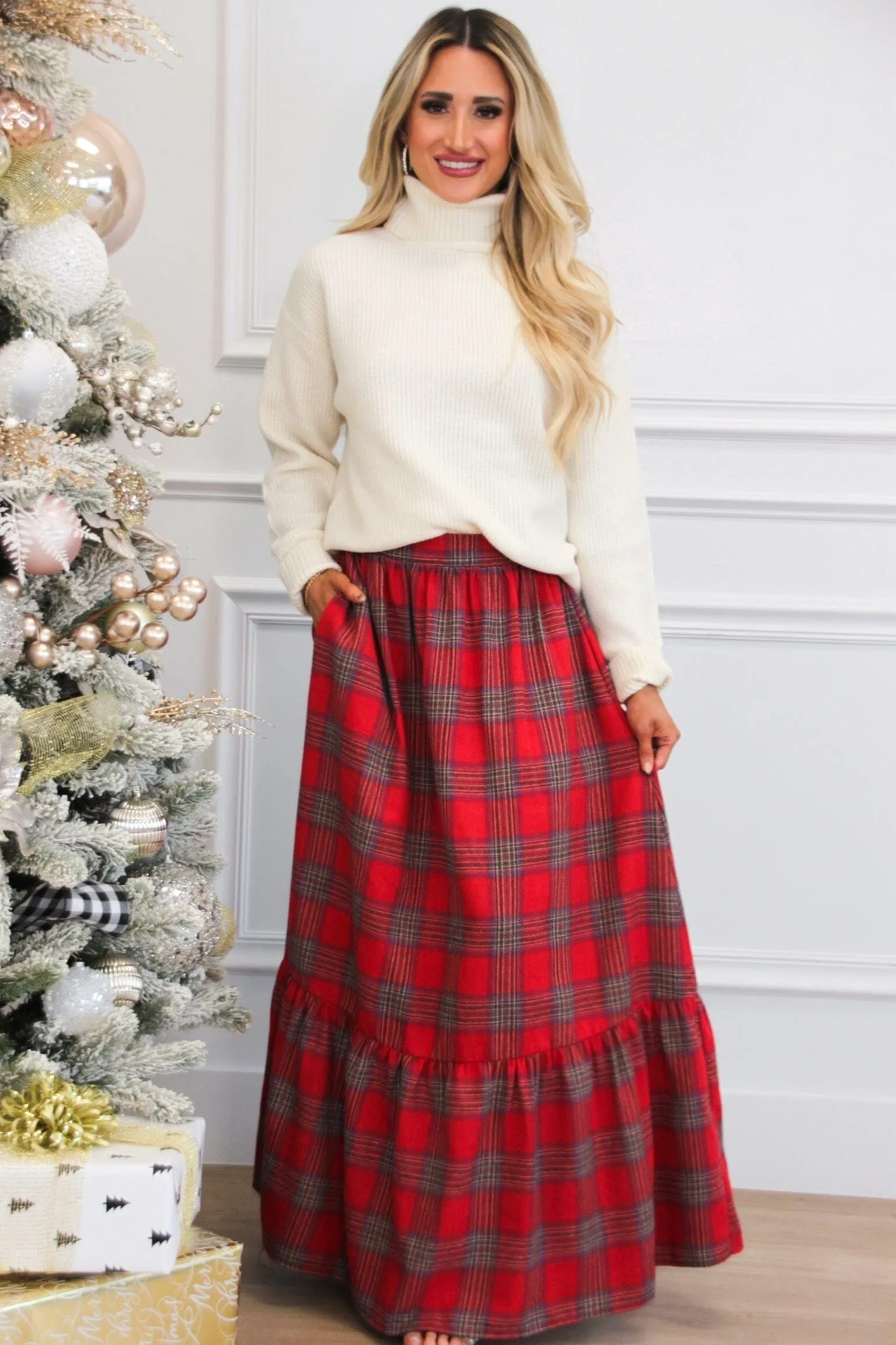Seeing Plaid Maxi Skirt: Red