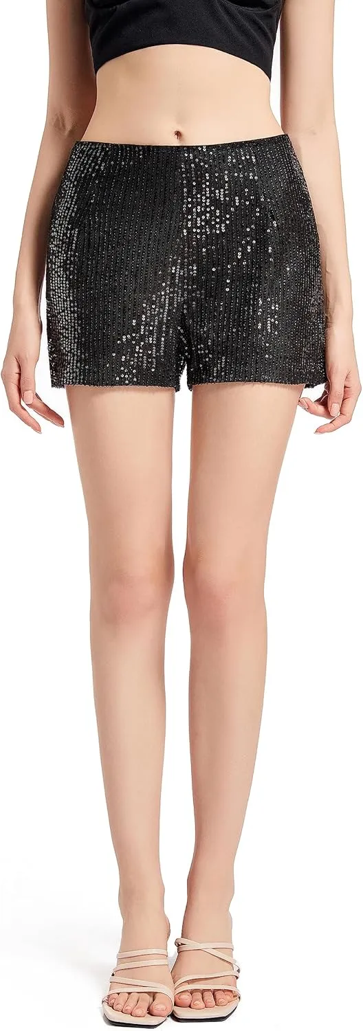 Sequin Shorts for Women High Waist Elastic with Heart Sunglasses Earrings Sparkly Glitter Party Shorts Black
