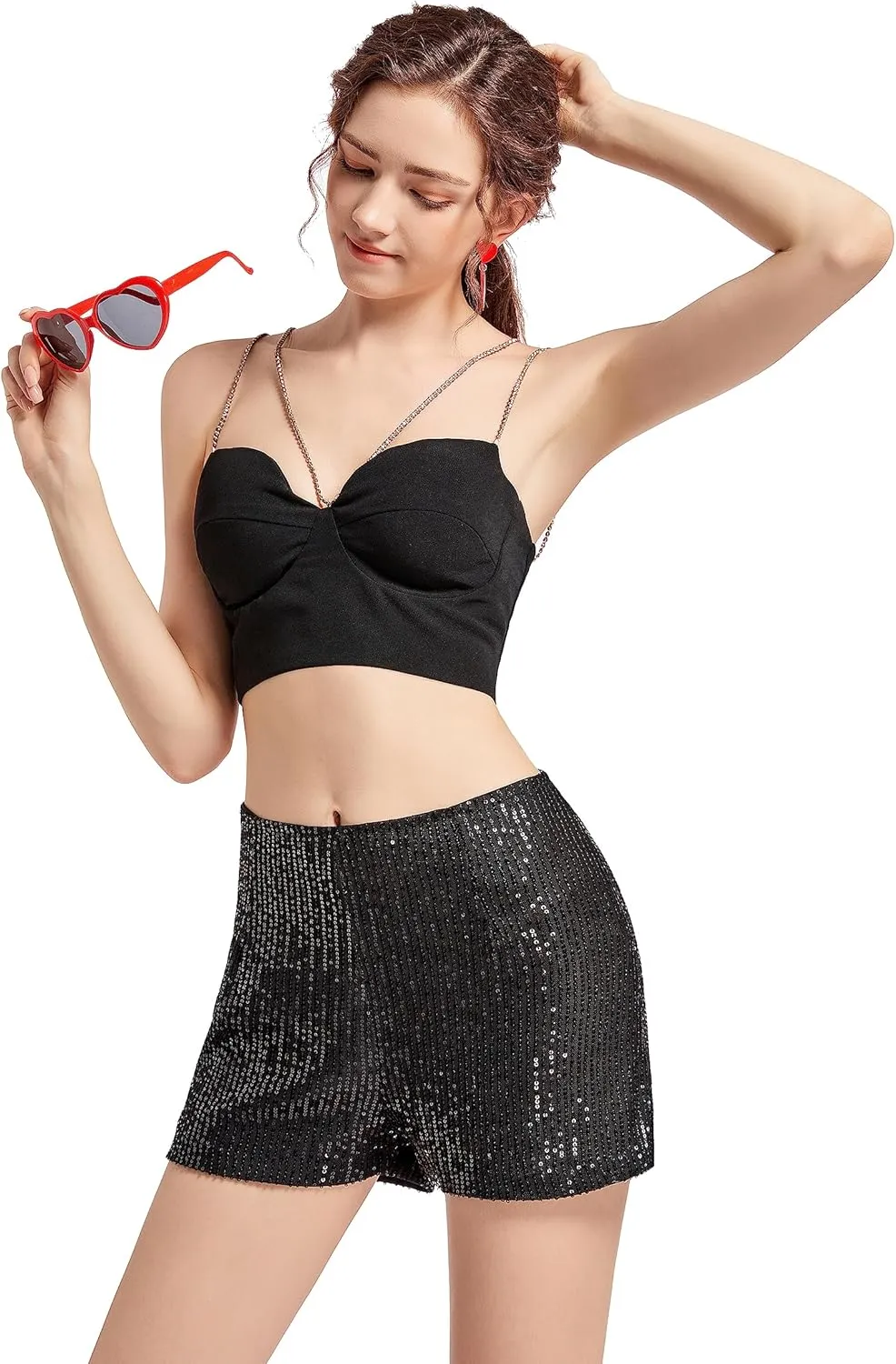 Sequin Shorts for Women High Waist Elastic with Heart Sunglasses Earrings Sparkly Glitter Party Shorts Black