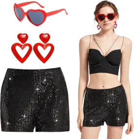 Sequin Shorts for Women High Waist Elastic with Heart Sunglasses Earrings Sparkly Glitter Party Shorts Black