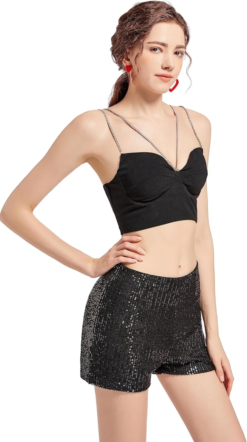 Sequin Shorts for Women High Waist Elastic with Heart Sunglasses Earrings Sparkly Glitter Party Shorts Black