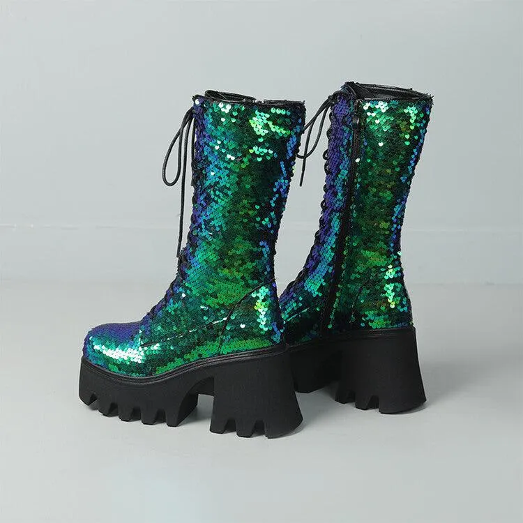 Sequins Mid-calf Martin Boots Round Head Front