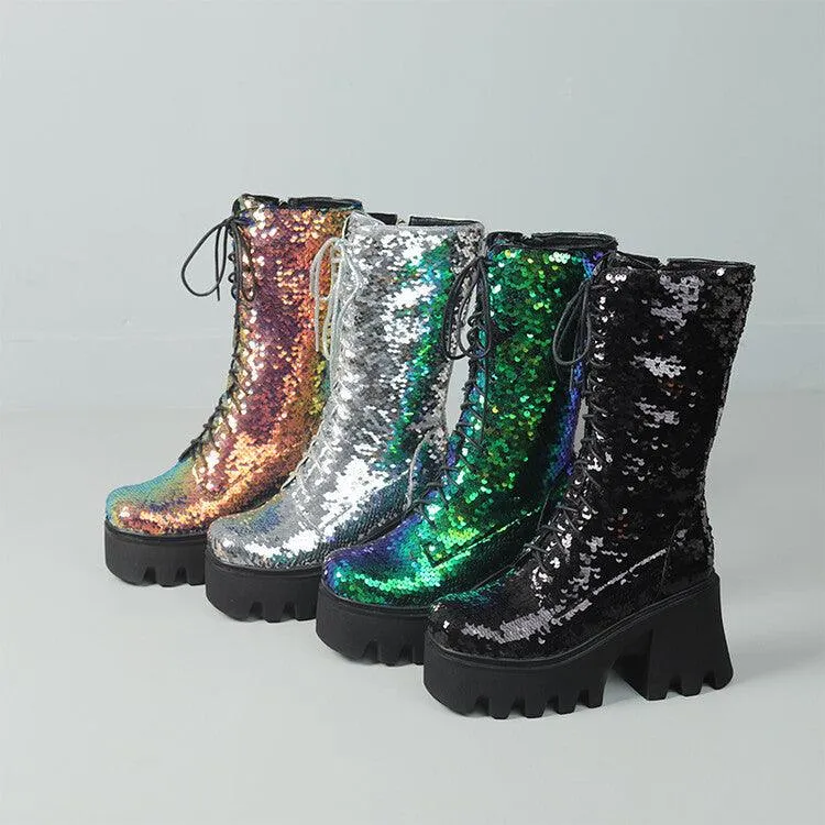 Sequins Mid-calf Martin Boots Round Head Front
