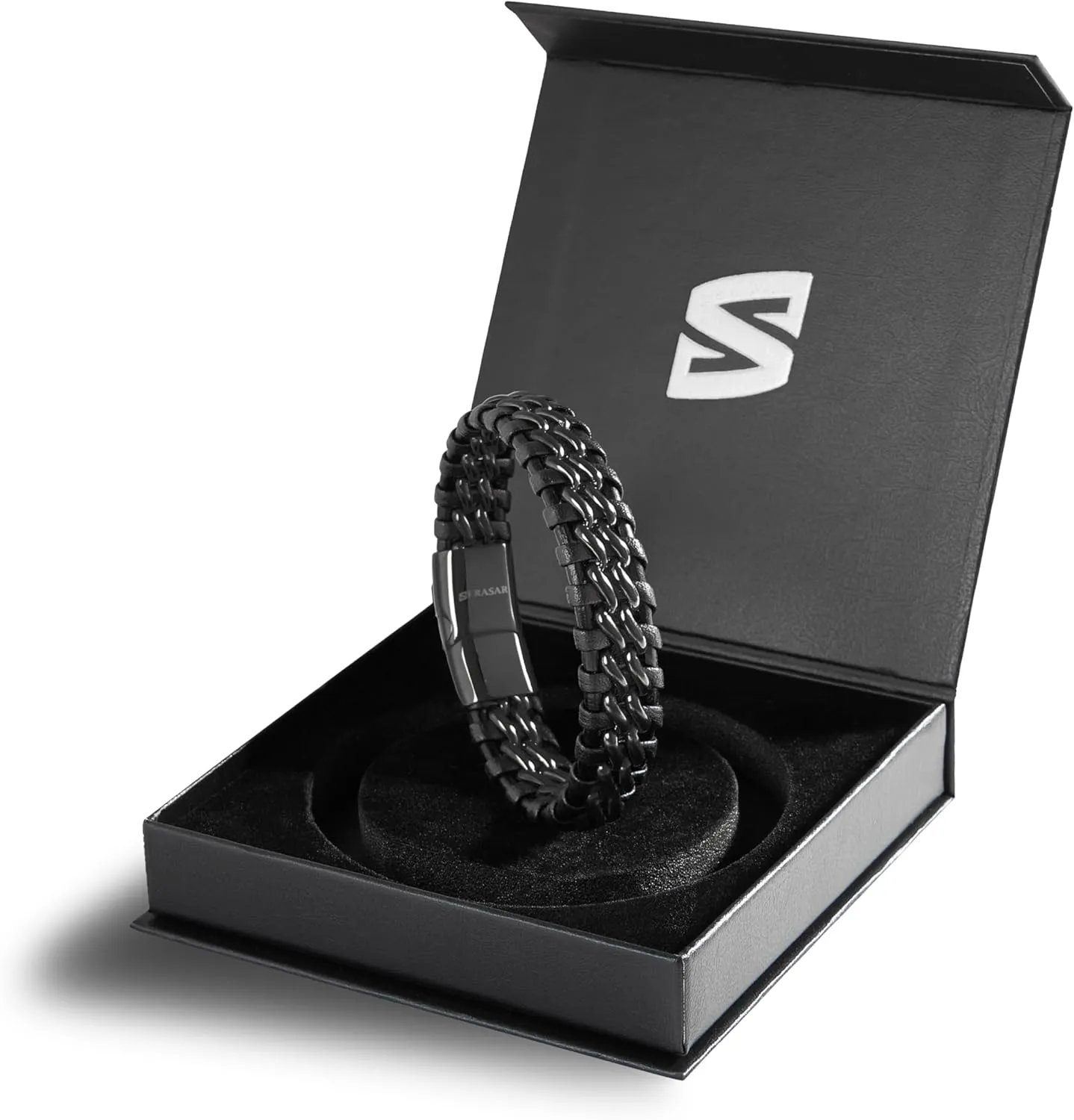 SERASAR | Premium Genuine Leather Bracelet [Steel] for Men in Black | Magnetic Stainless Steel Clasp in Black, Silver and Gold | Exclusive Jewellery Box | Great Gift Idea