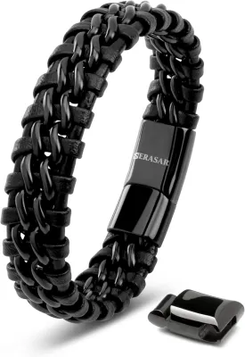 SERASAR | Premium Genuine Leather Bracelet [Steel] for Men in Black | Magnetic Stainless Steel Clasp in Black, Silver and Gold | Exclusive Jewellery Box | Great Gift Idea