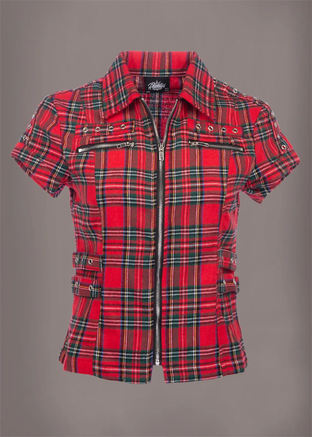 Short Sleeve Tartan Plaid Punk Shirt with Studs