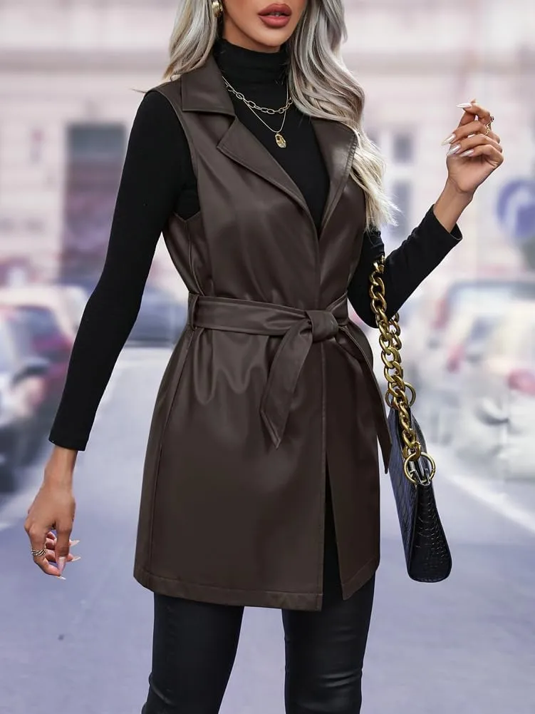 Solyinne Women's Faux Leather Long PU Vest Sleeveless Open Front PU Leather Vest Jacket with Belt
