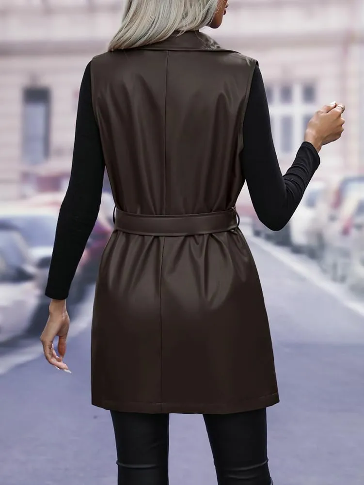 Solyinne Women's Faux Leather Long PU Vest Sleeveless Open Front PU Leather Vest Jacket with Belt