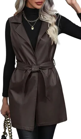 Solyinne Women's Faux Leather Long PU Vest Sleeveless Open Front PU Leather Vest Jacket with Belt