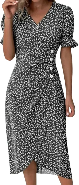 Spring Dresses For Women 2025 Bubble Sleeve Split Irregular Hem V-neck Elegant Dress Button Floral Casual Sundress