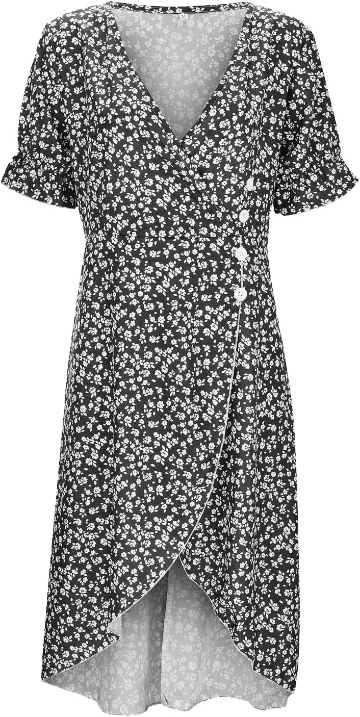 Spring Dresses For Women 2025 Bubble Sleeve Split Irregular Hem V-neck Elegant Dress Button Floral Casual Sundress