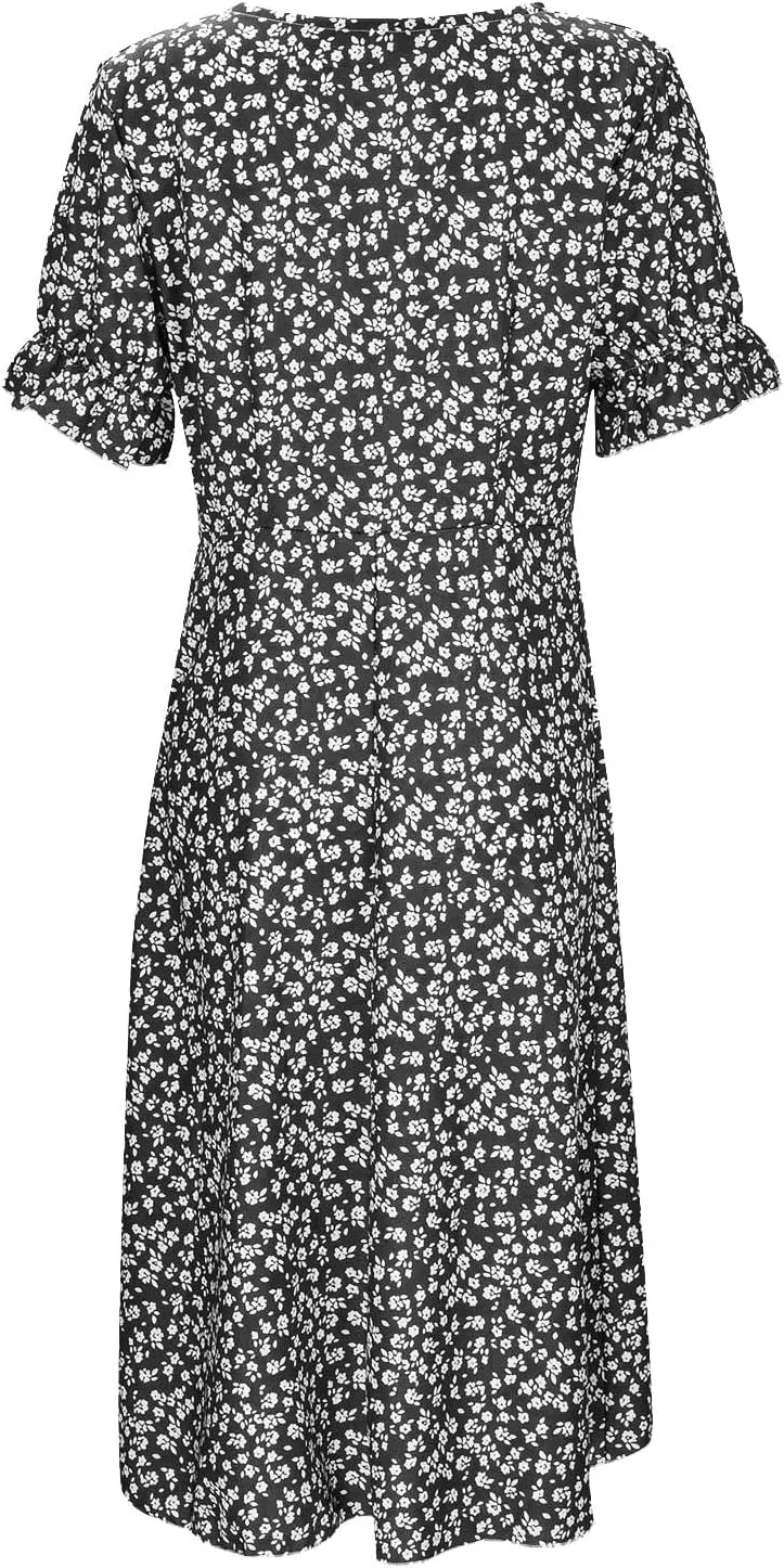 Spring Dresses For Women 2025 Bubble Sleeve Split Irregular Hem V-neck Elegant Dress Button Floral Casual Sundress