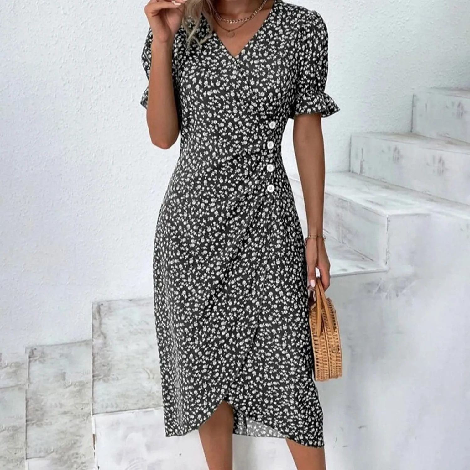 Spring Dresses For Women 2025 Bubble Sleeve Split Irregular Hem V-neck Elegant Dress Button Floral Casual Sundress