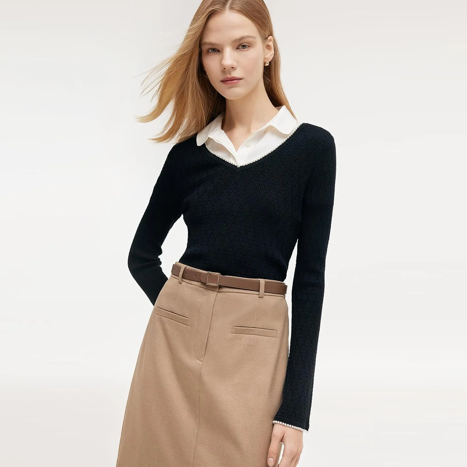 Sweaters for Women 2025 Black Long Sleeve V Neck Sweater Soft Knit Pearl Sweater Dressy Casual Pullover Sweaters