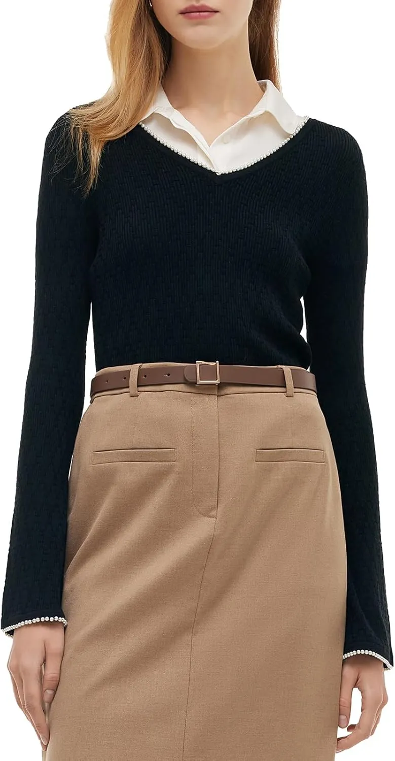 Sweaters for Women 2025 Black Long Sleeve V Neck Sweater Soft Knit Pearl Sweater Dressy Casual Pullover Sweaters