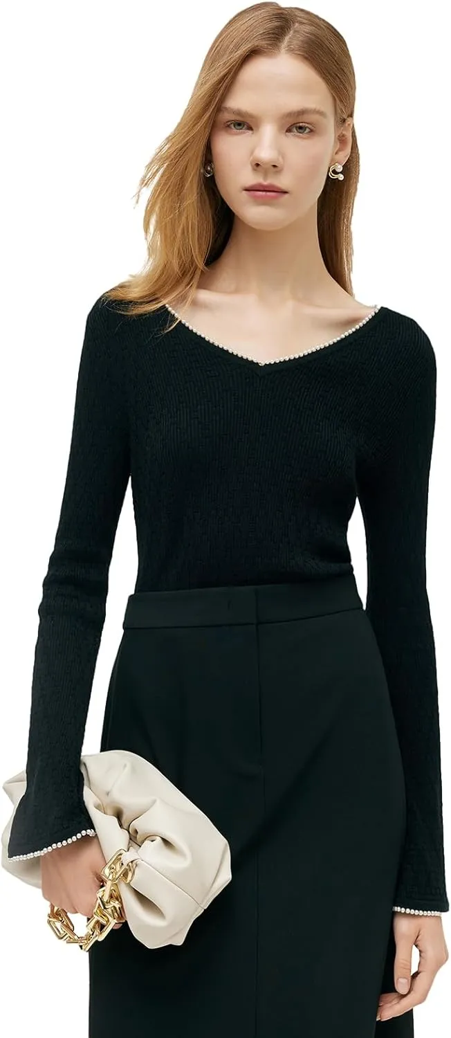 Sweaters for Women 2025 Black Long Sleeve V Neck Sweater Soft Knit Pearl Sweater Dressy Casual Pullover Sweaters
