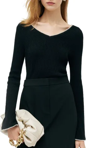 Sweaters for Women 2025 Black Long Sleeve V Neck Sweater Soft Knit Pearl Sweater Dressy Casual Pullover Sweaters