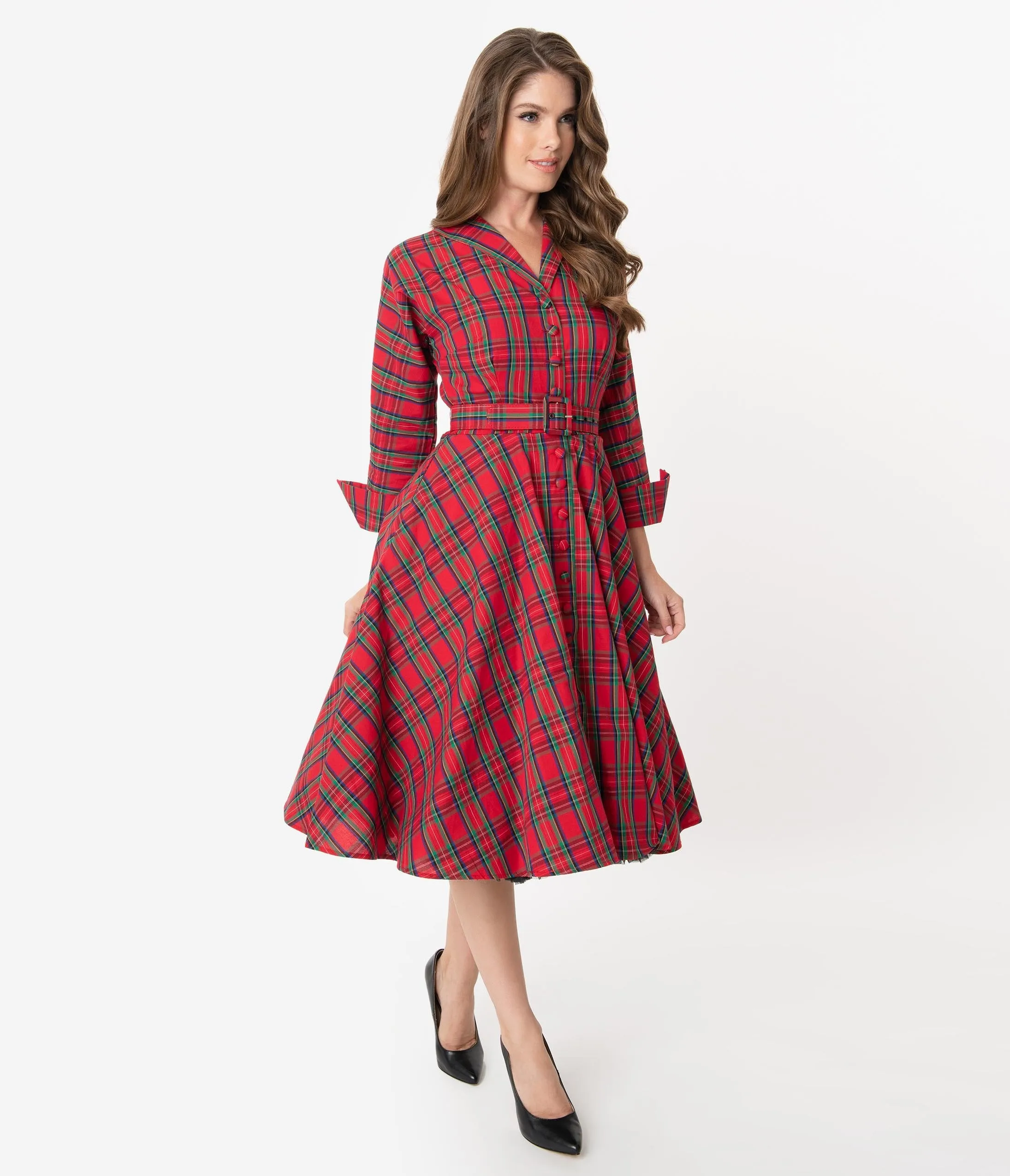 Unique Vintage 1950s Style Red Plaid Brooklyn Shirtdress