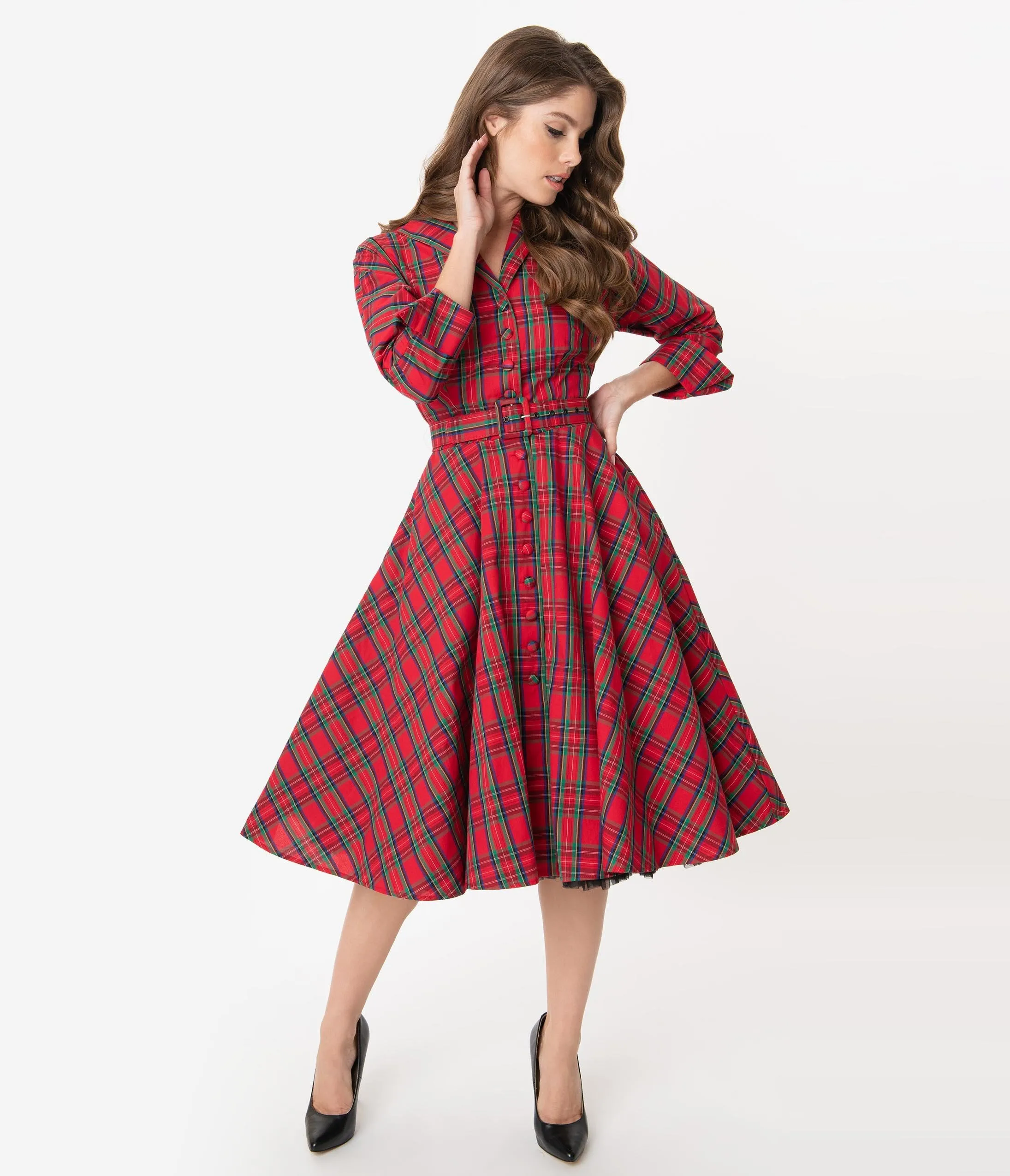 Unique Vintage 1950s Style Red Plaid Brooklyn Shirtdress