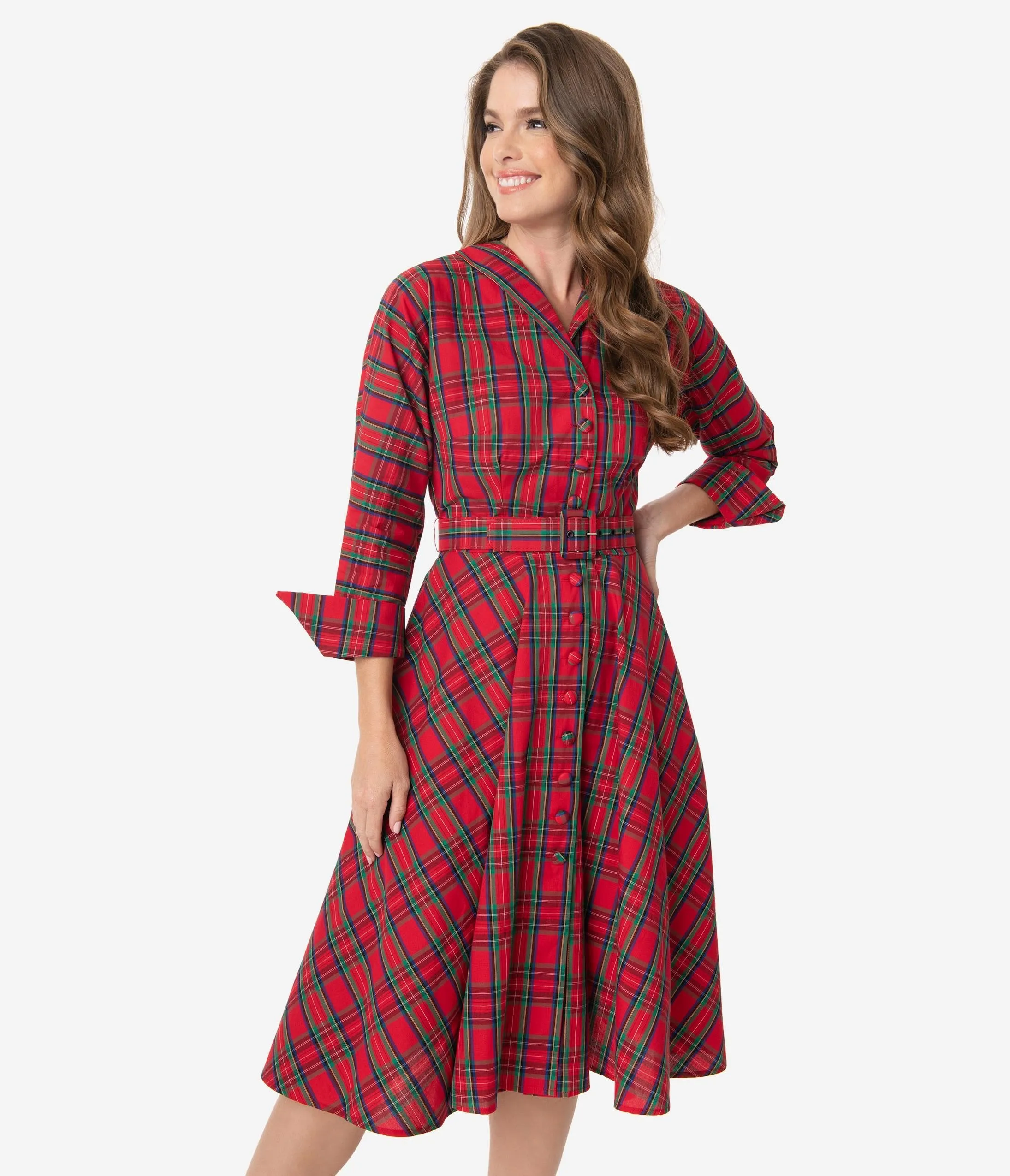 Unique Vintage 1950s Style Red Plaid Brooklyn Shirtdress