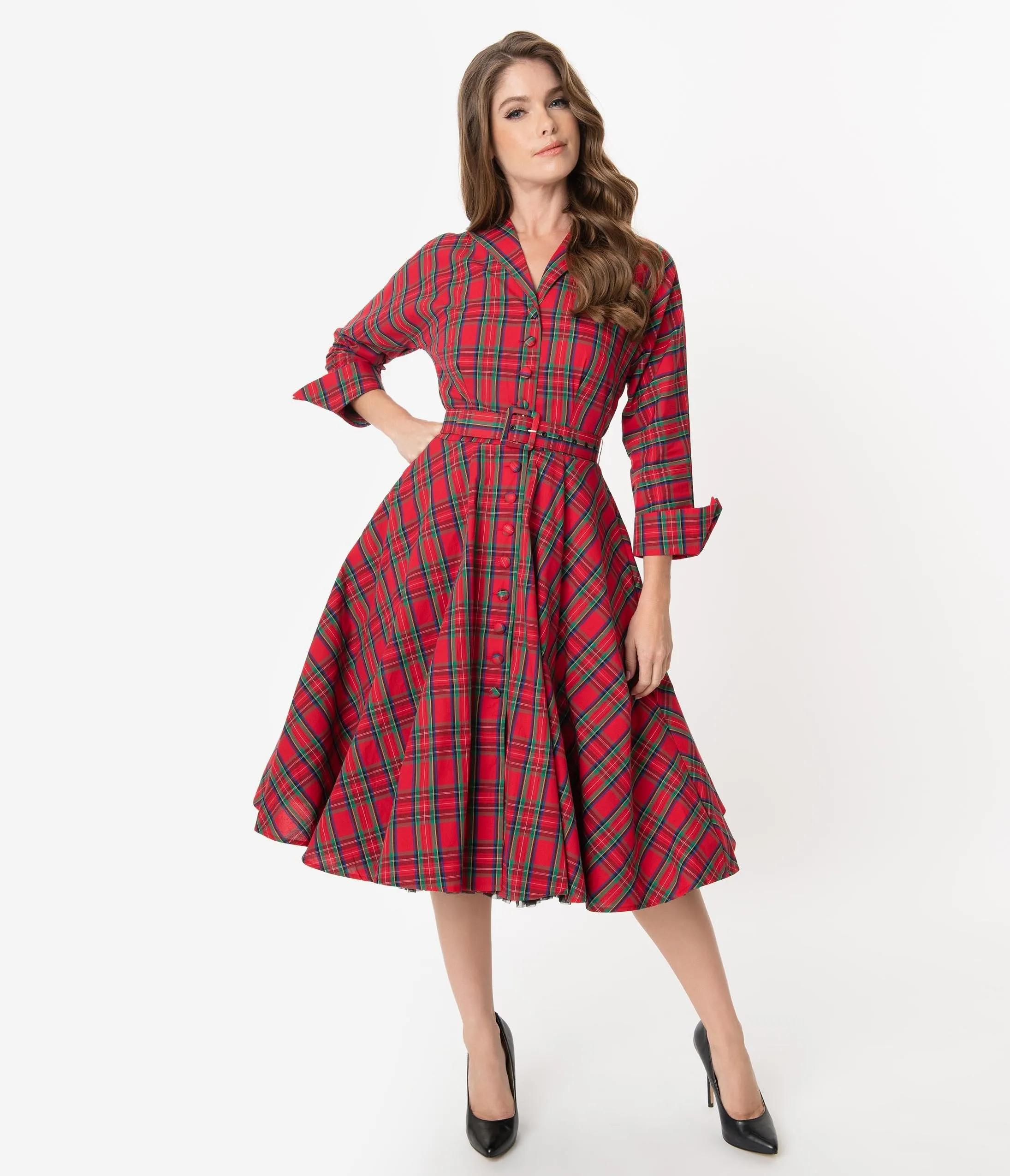 Unique Vintage 1950s Style Red Plaid Brooklyn Shirtdress