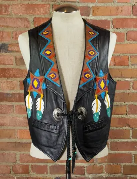 Vintage Black Leather Native American Style Vest Unisex Medium