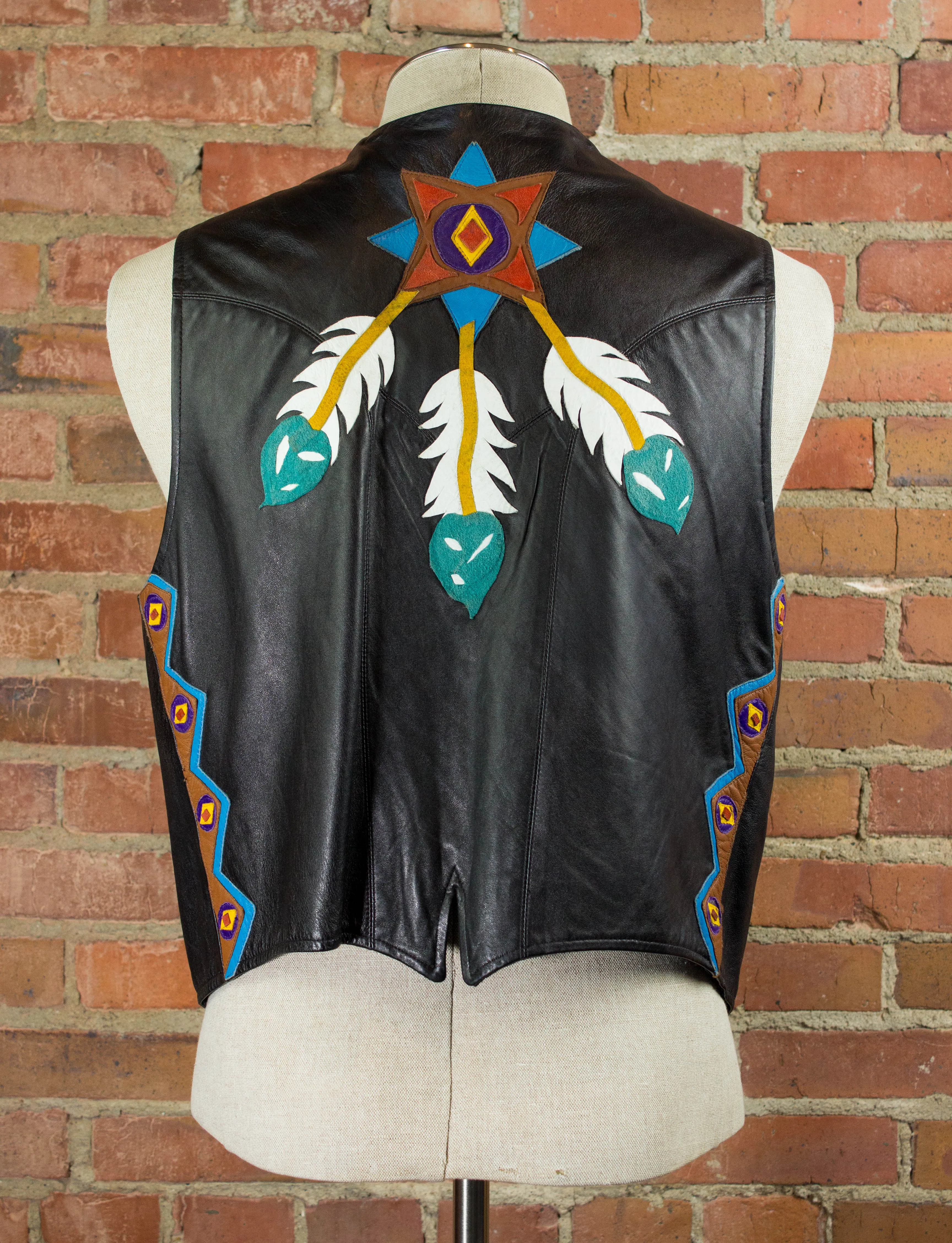 Vintage Black Leather Native American Style Vest Unisex Medium