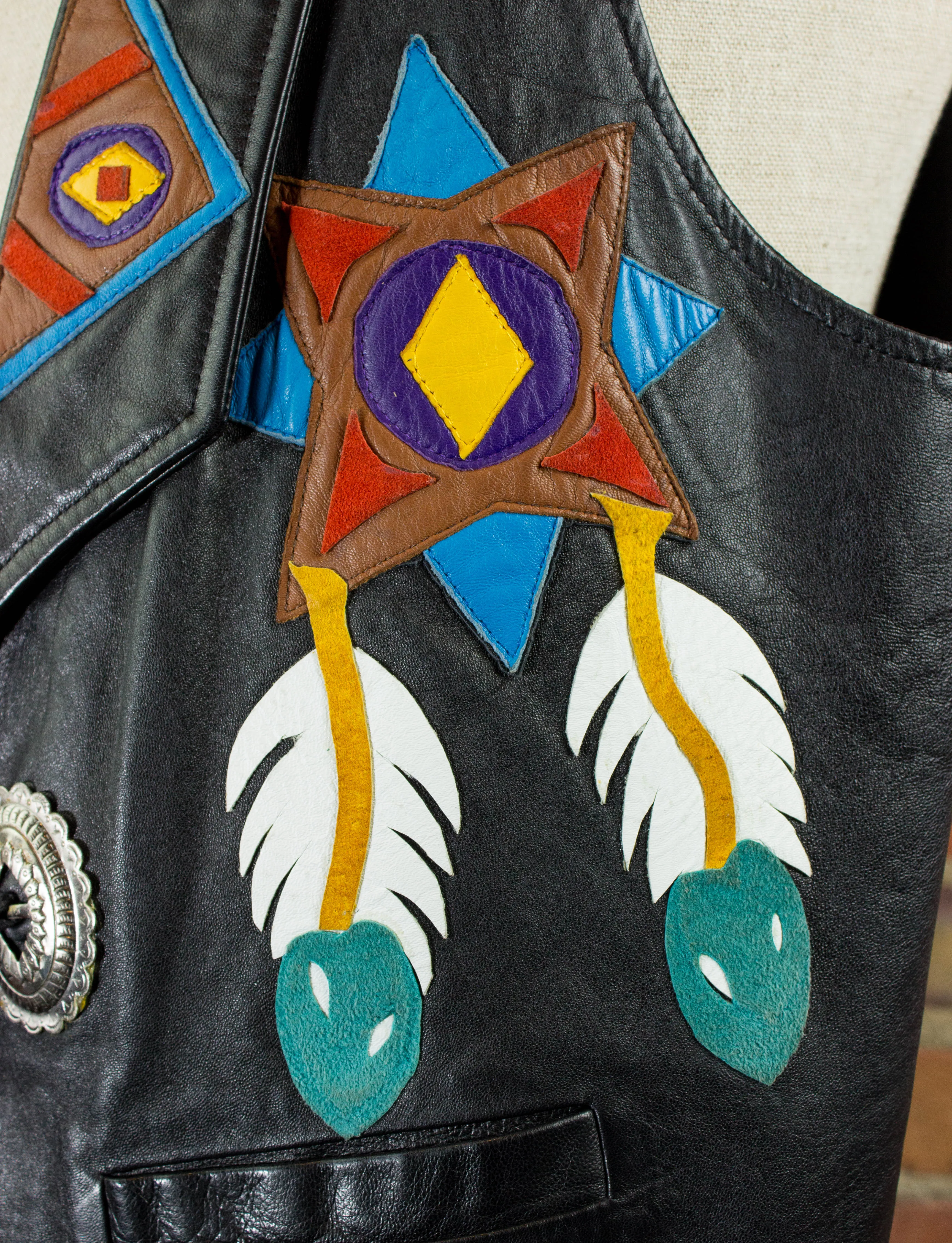 Vintage Black Leather Native American Style Vest Unisex Medium