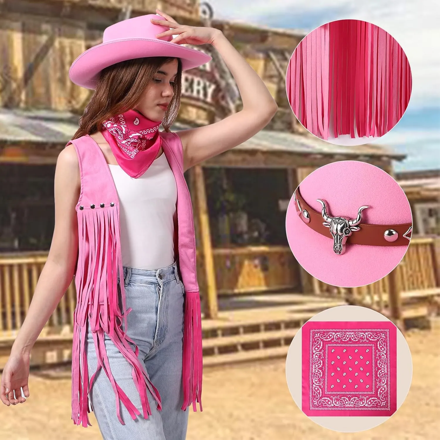 Western Outfits for Women Cowgirl Tassel Sleeveless Vest Cowboy Hat and Paisley Bandana