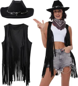 Western Outfits for Women Cowgirl Tassel Sleeveless Vest Cowboy Hat and Paisley Bandana