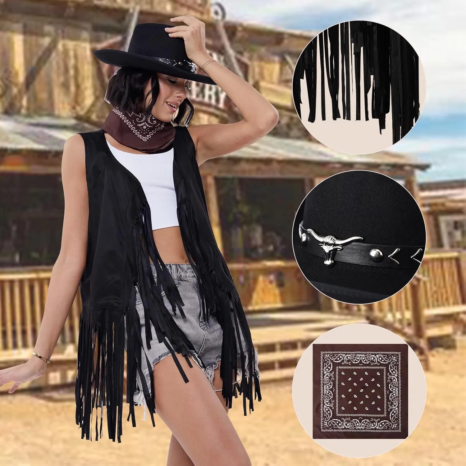 Western Outfits for Women Cowgirl Tassel Sleeveless Vest Cowboy Hat and Paisley Bandana