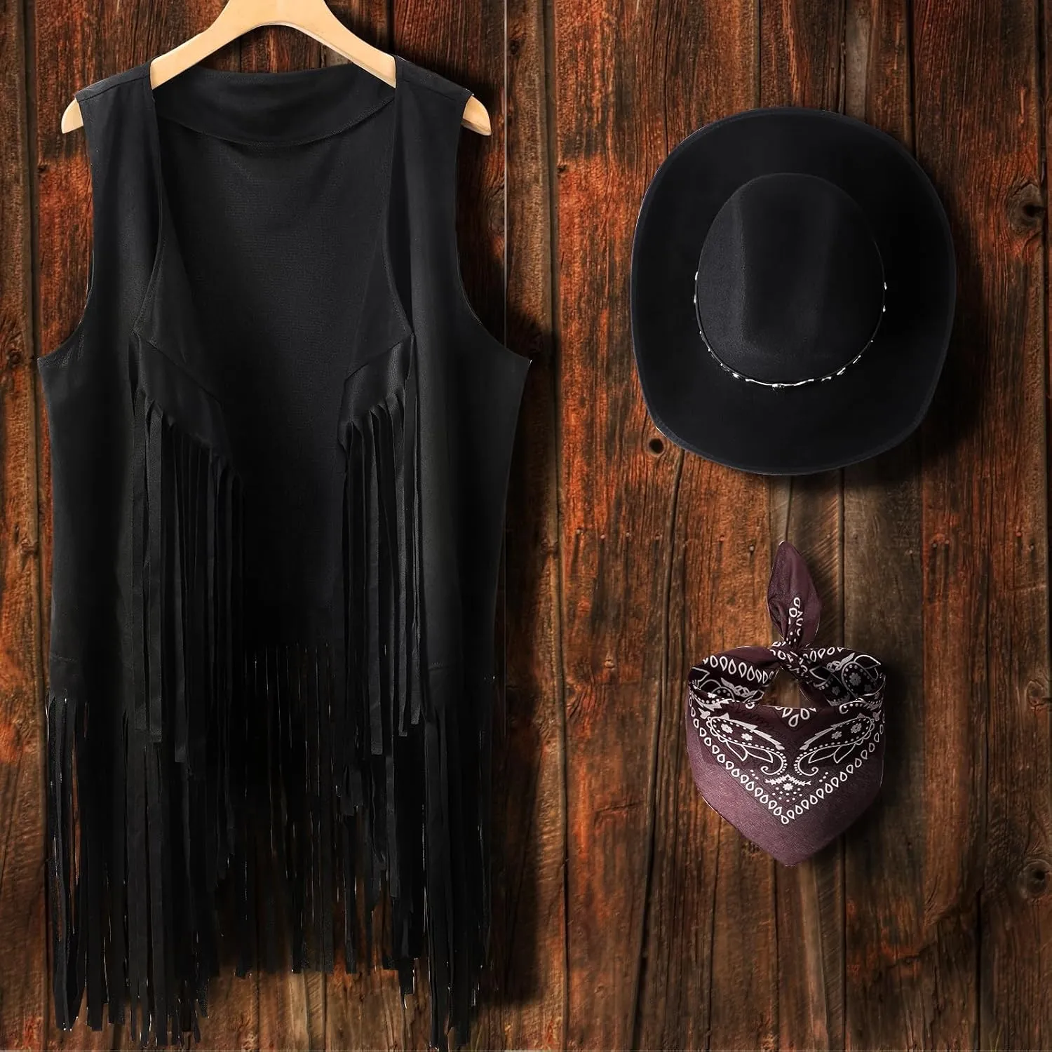Western Outfits for Women Cowgirl Tassel Sleeveless Vest Cowboy Hat and Paisley Bandana