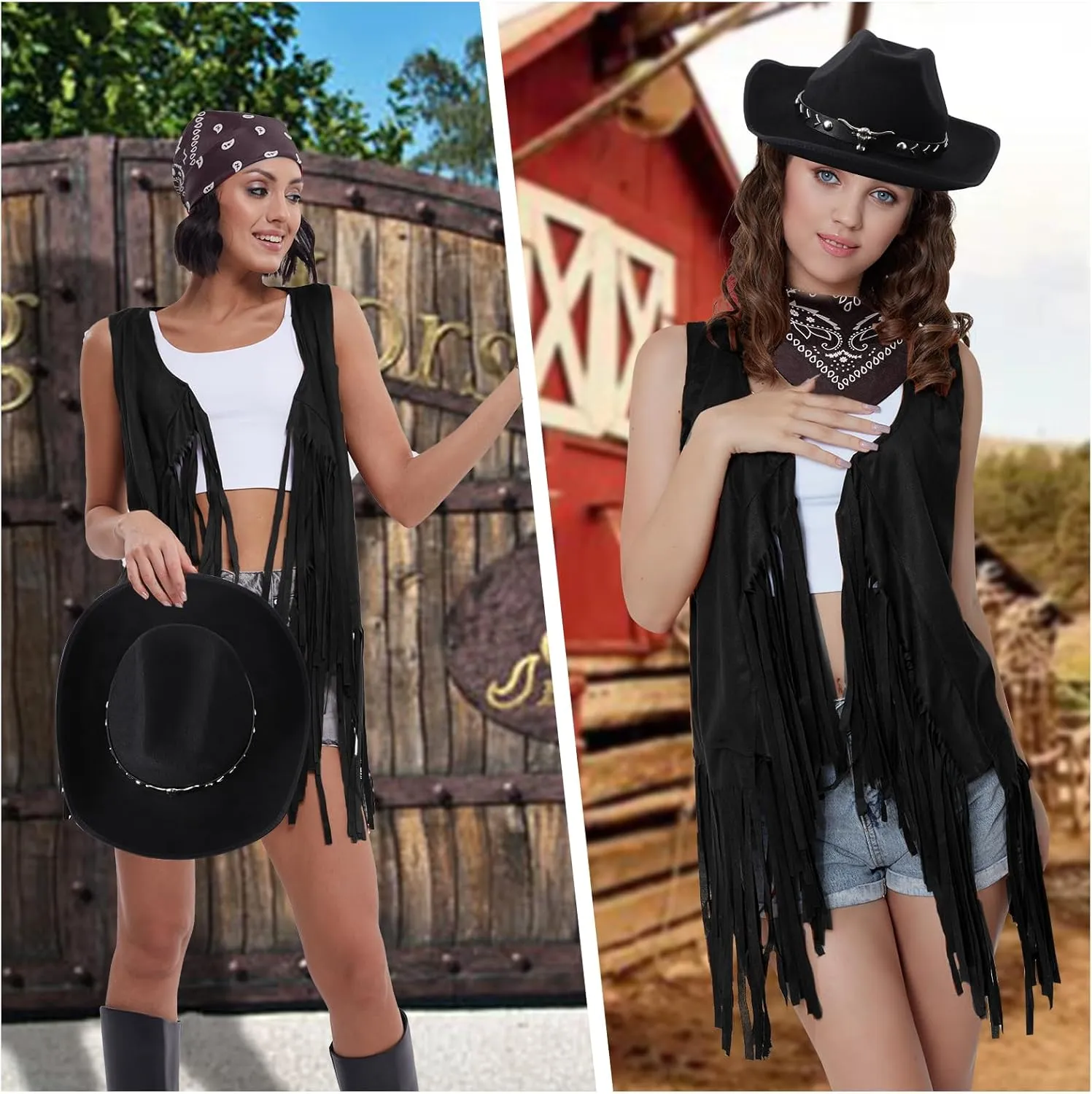 Western Outfits for Women Cowgirl Tassel Sleeveless Vest Cowboy Hat and Paisley Bandana
