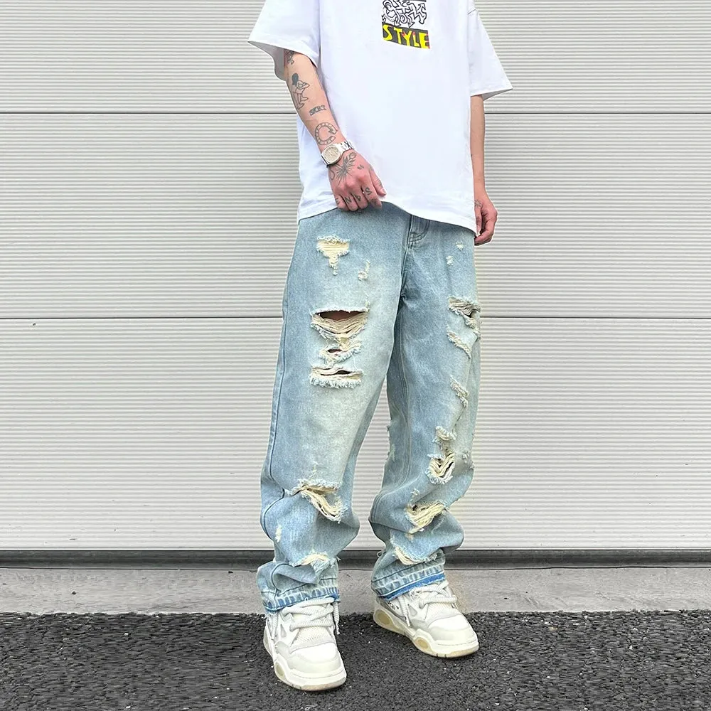 Wiaofellas Blue Oversized Torn Jeans for Men Streetwear Hip Hop Large Destroyed Wide Leg Jeans Baggy Straight Ripped Denim Pants