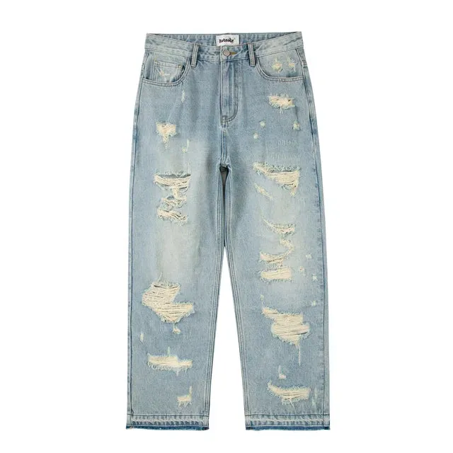 Wiaofellas Blue Oversized Torn Jeans for Men Streetwear Hip Hop Large Destroyed Wide Leg Jeans Baggy Straight Ripped Denim Pants