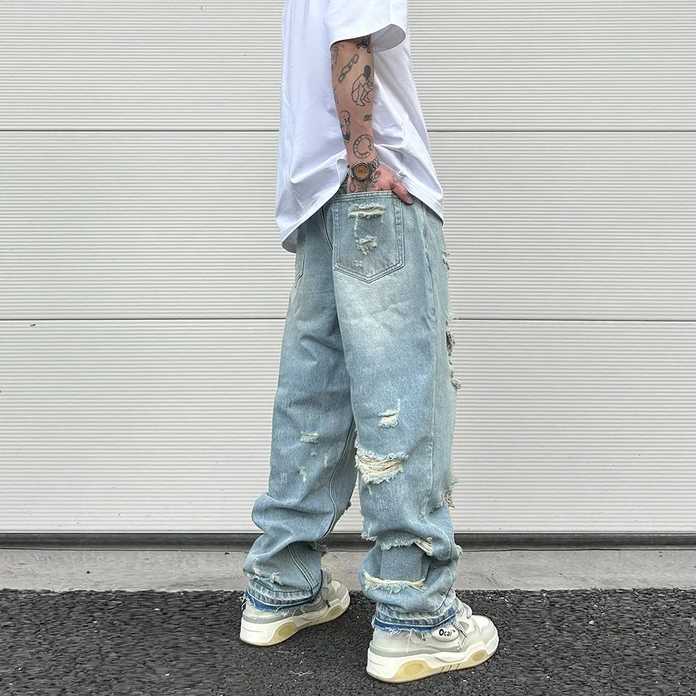 Wiaofellas Blue Oversized Torn Jeans for Men Streetwear Hip Hop Large Destroyed Wide Leg Jeans Baggy Straight Ripped Denim Pants