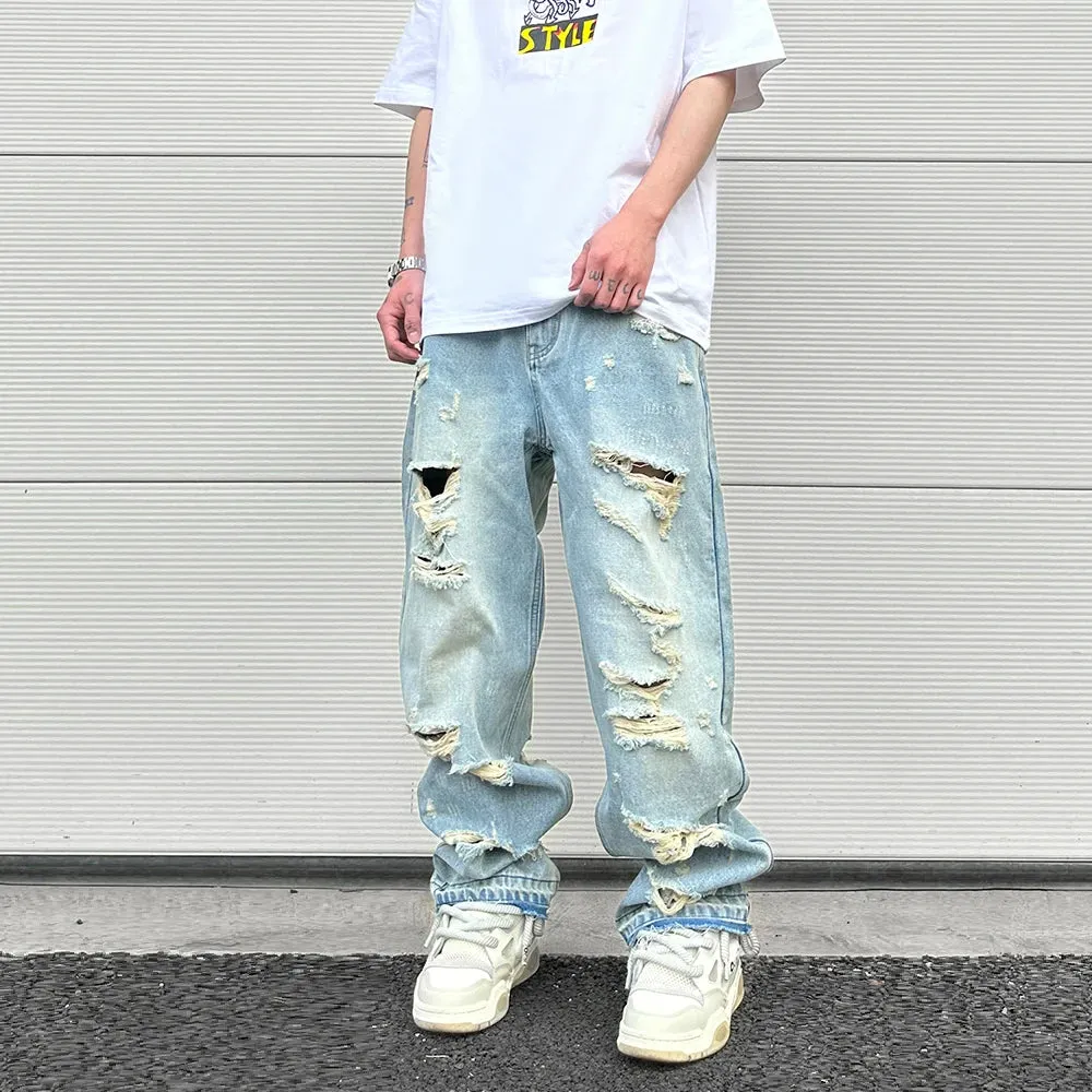 Wiaofellas Blue Oversized Torn Jeans for Men Streetwear Hip Hop Large Destroyed Wide Leg Jeans Baggy Straight Ripped Denim Pants