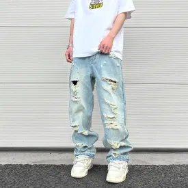 Wiaofellas Blue Oversized Torn Jeans for Men Streetwear Hip Hop Large Destroyed Wide Leg Jeans Baggy Straight Ripped Denim Pants