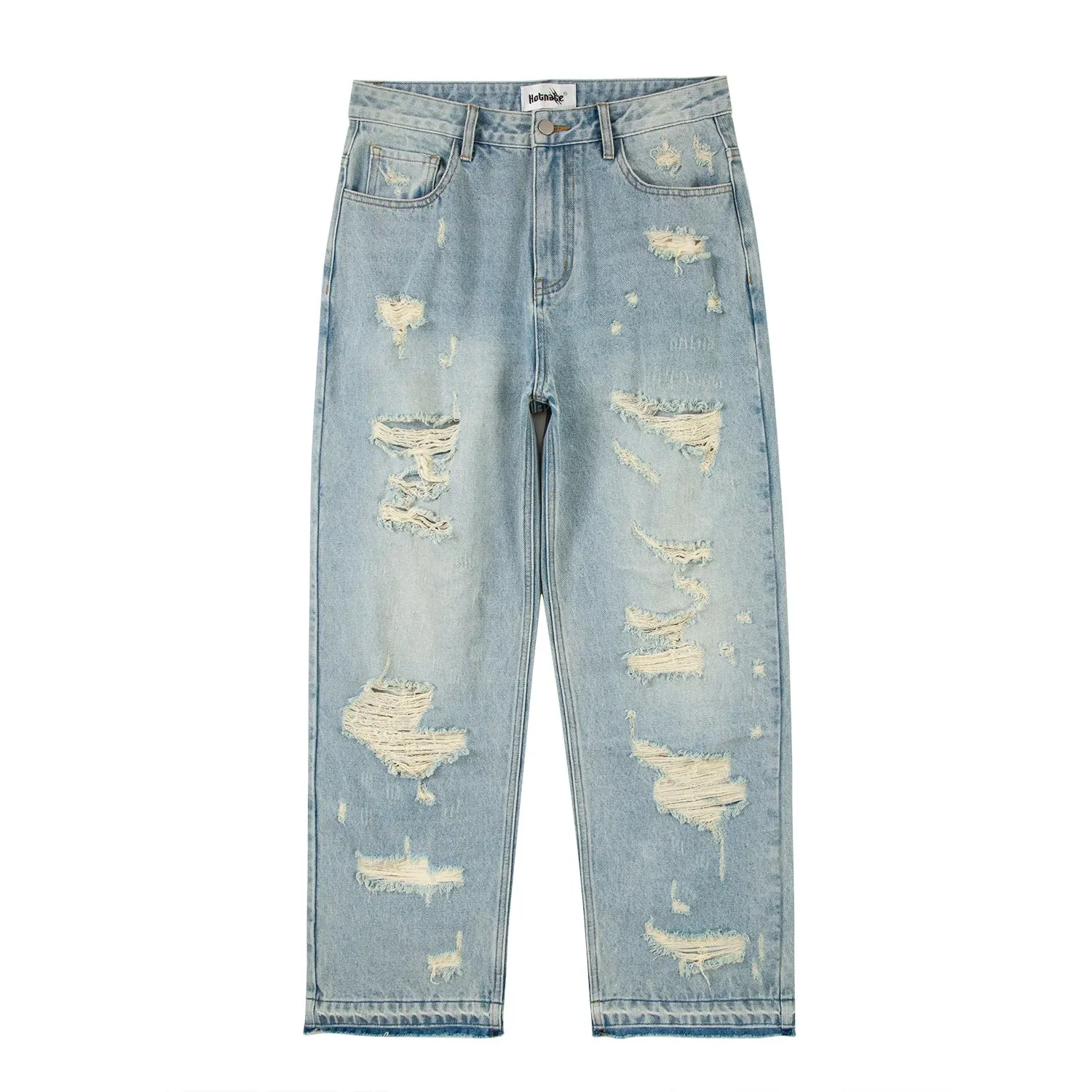 Wiaofellas Blue Oversized Torn Jeans for Men Streetwear Hip Hop Large Destroyed Wide Leg Jeans Baggy Straight Ripped Denim Pants