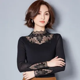 Women Embroidered Mesh Lace Turtleneck Collar Blouse
